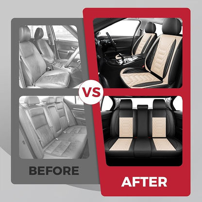 FREESOO Car Seat Covers Leather Seat Cover Full Set Automotive Seat Cover Protector Accessories Airbag Compatible Universal Fit for 5 Seats Black Beige