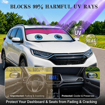 Car Windshield Sun Shade, Pink Cute Eyes Car Sunshade, Windshield Cover Universal Fits Mid-Large Sedan SUV Crossover Family Vehicle, UV Heat Protection - 63 x 31.5