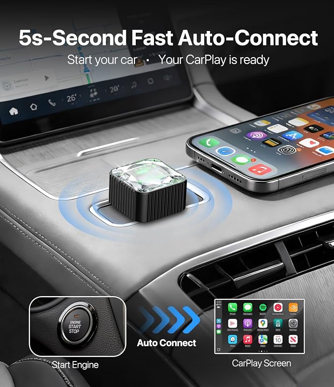 Wireless CarPlay Adapter for iPhone, Premium Glass Finish Design, 5s Auto-Connect, Mini Wireless CarPlay Dongle Compatible with Apple CarPlay, Plug & Play for Factory Wired Cars, Low Latency, Orange