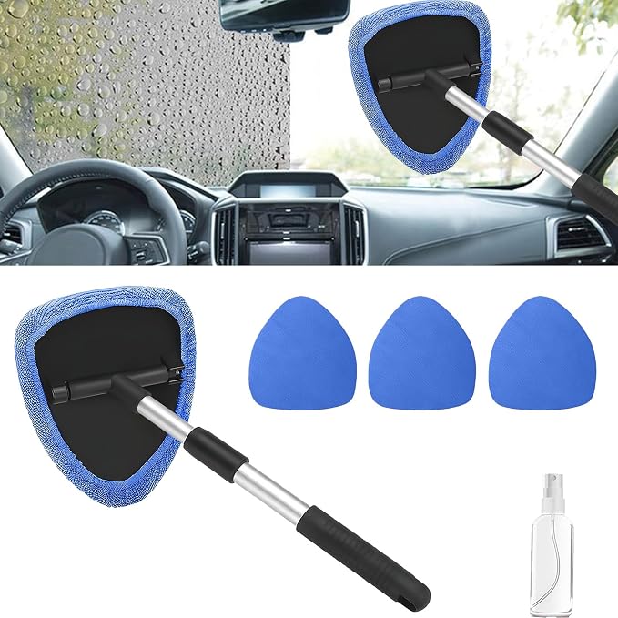 Windshield Cleaning Tool, Car Window Cleaner with Extendable Handle, 4 Microfiber Pads and Spray Bottle, Auto Interior Exterior Glass Wiper Cleaning Kit Universal for RV, SUV, Truck (Blue)