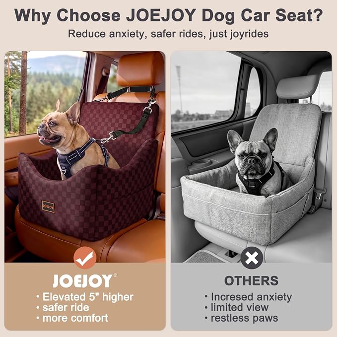 JOEJOY Elevated Dog Car Seat for Small/Medium Dogs up to 36 lbs, Memory Foam Booster Seat with Detachable Washable Cover, Travel-Safe Car Bed with Safety Belts & Storage Pockets, Red
