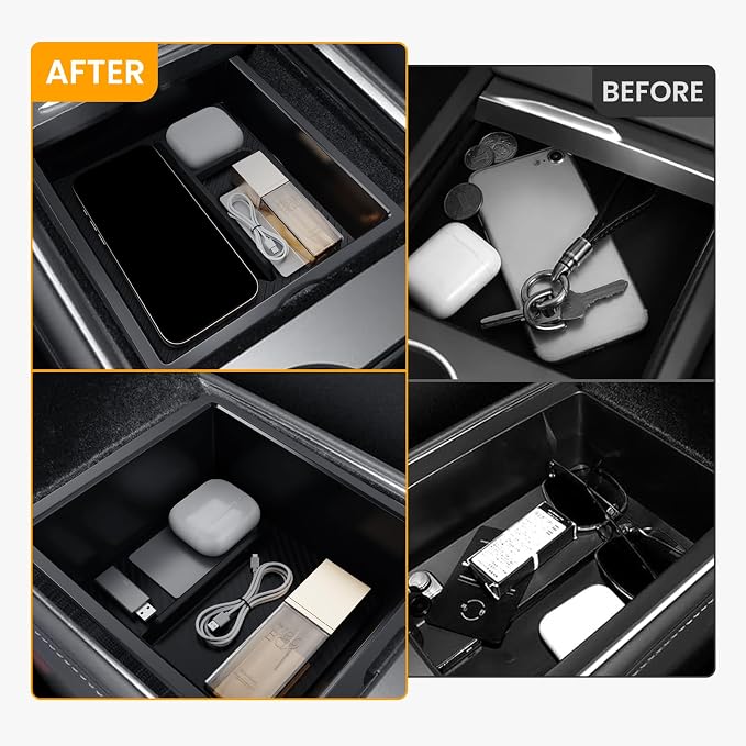 BANKKY Center Console Organizer for Tesla Model 3 Highland 2024-2026 & Model Y Juniper 2025-2026, 2PCS Armrest Storage Tray with Anti-Slip Liner, ABS Black Tesla Accessories