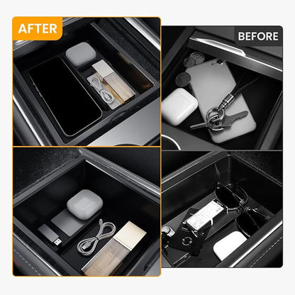 BANKKY Center Console Organizer for Tesla Model 3 Highland 2024-2026 & Model Y Juniper 2025-2026, 2PCS Armrest Storage Tray with Anti-Slip Liner, ABS Black Tesla Accessories