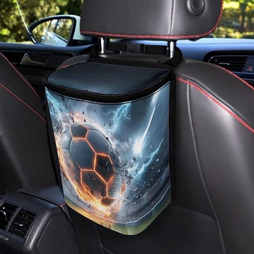 Talayituse Soccer Ball Lightning Print Car Trash Can with Lid, Leak Proof Auto Trash Bag Hanging Vehicle Garbage Can Multipurpose Storage Container for Back Seat Road Trip