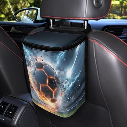 Talayituse Soccer Ball Lightning Print Car Trash Can with Lid, Leak Proof Auto Trash Bag Hanging Vehicle Garbage Can Multipurpose Storage Container for Back Seat Road Trip