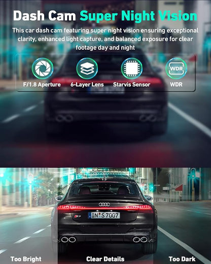 4K Dash Cam Front, Built-in 5GHz WiFi & APP Control, Dash Camera for Cars W/ 32GB Included, 3.2" IPS Screen Car Dash Cam W/ 24H Parking Monitor, G-Sensor Night Vision, Loop Recording