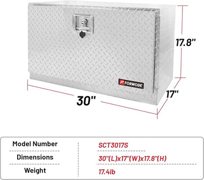 FORWODE 30x17x18 Inch Underbody Truck Tool Box Aluminum Trailer Tool Box with Lock & Foldable T-Handle Waterproof Truck Storage Box for Pickup Truck, Trailer, RV, ATV, Indoor（SILVER）