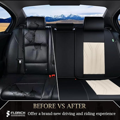 FLORICH Rear Automotive Seat Covers Leather Car Seat Covers Waterproof Back Seat Cover Universal Seat Cushion Protector for Most Cars Trucks SUV-Black&Beige