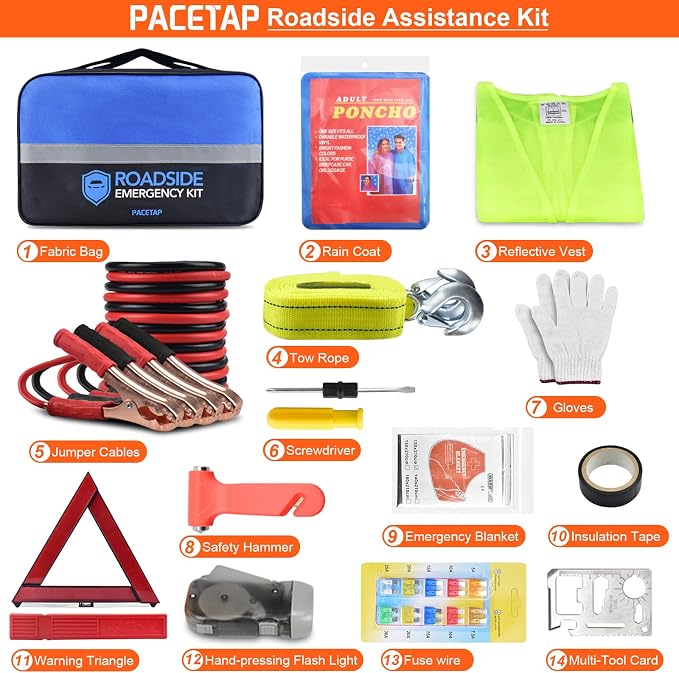 PACETAP Car Roadside Emergency Kit, Essential Auto Safety Road Side Assistance Tool Kit with Jumper Cables, Towing Rope, Triangle and More Winter Vehicle Accessories