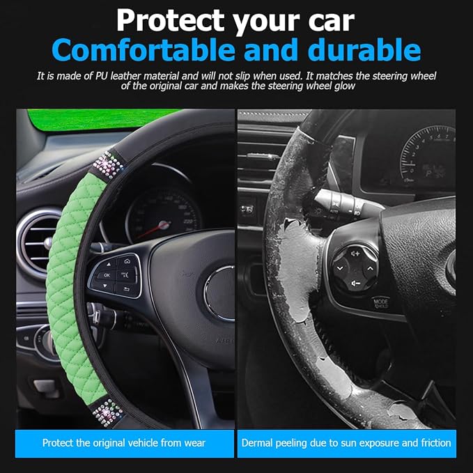 Osilly Bling Car Steering Wheel Cover, 15 Inch Rhinestones Soft Leather Elastic Steering Wheel Protector, Sparkly Crystal Diamond for Women Girls (Green)