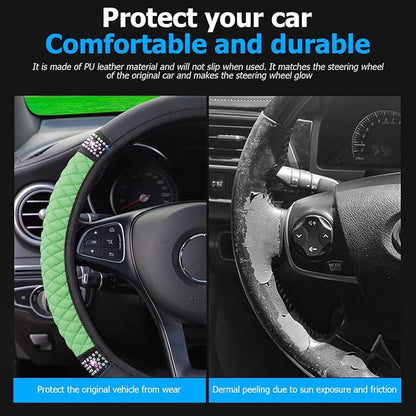 Osilly Bling Car Steering Wheel Cover, 15 Inch Rhinestones Soft Leather Elastic Steering Wheel Protector, Sparkly Crystal Diamond for Women Girls (Green)