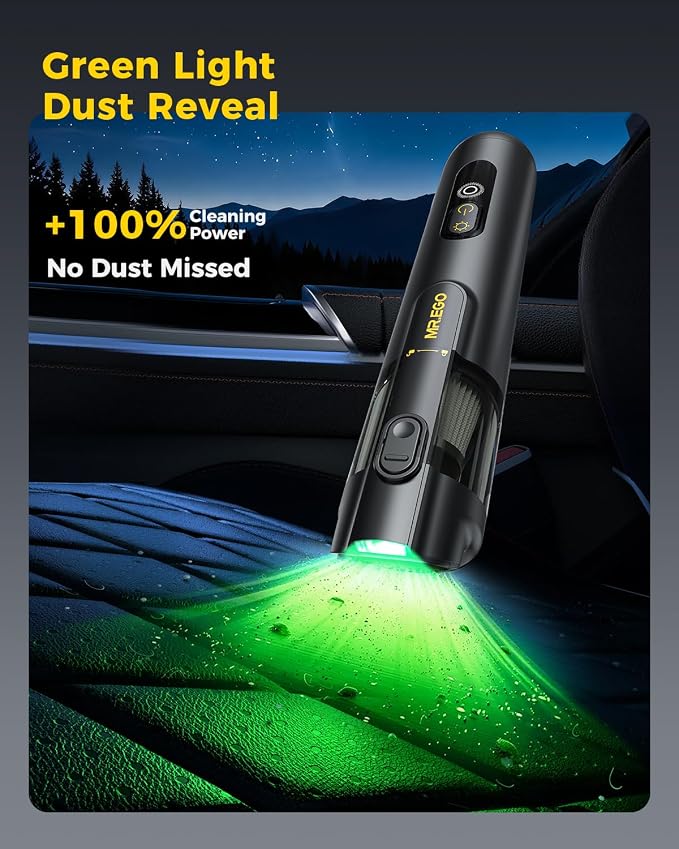 Mr.ego Car Vacuum Portable Cordless, 26000Pa High-Power Handheld Vacuum & Air Duster with Brushless Motor, Multi-Nozzles, Green LED Light & Washable Filter for Car, Home, Office Desk & Keyboards