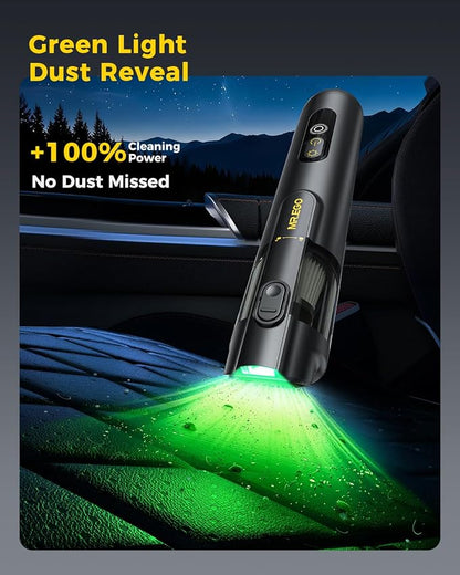 Mr.ego Car Vacuum Portable Cordless, 26000Pa High-Power Handheld Vacuum & Air Duster with Brushless Motor, Multi-Nozzles, Green LED Light & Washable Filter for Car, Home, Office Desk & Keyboards