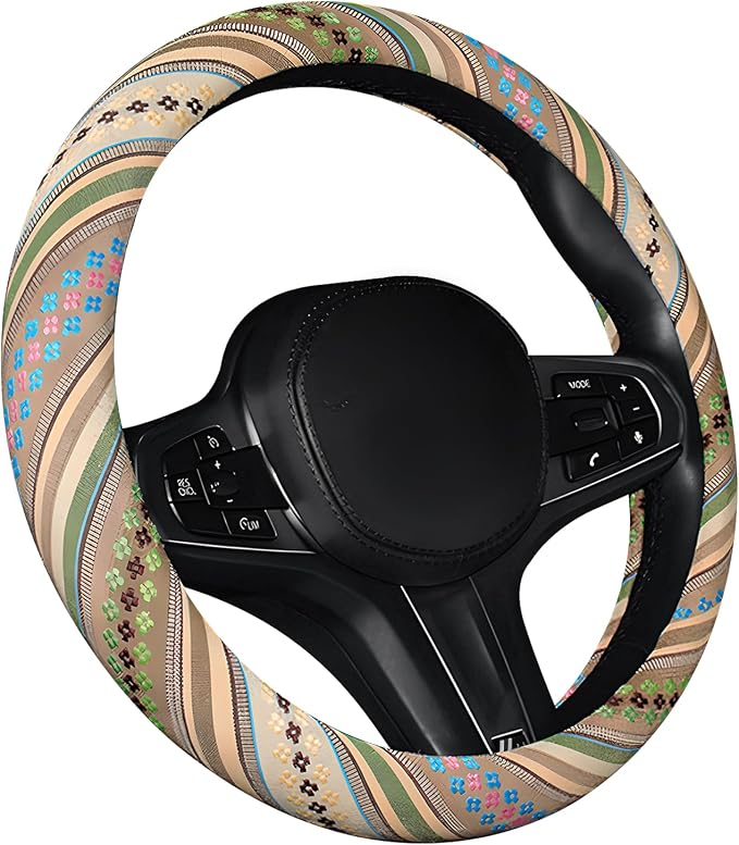 Boho Car Steering Wheel Cover, Ethnic Style Anti-Slip Coarse Flax Cloth Auto Wheel Cover, Bohemian Steering Wheel Protector for Most SUVs Vans Trucks, Car Accessories (Style G)