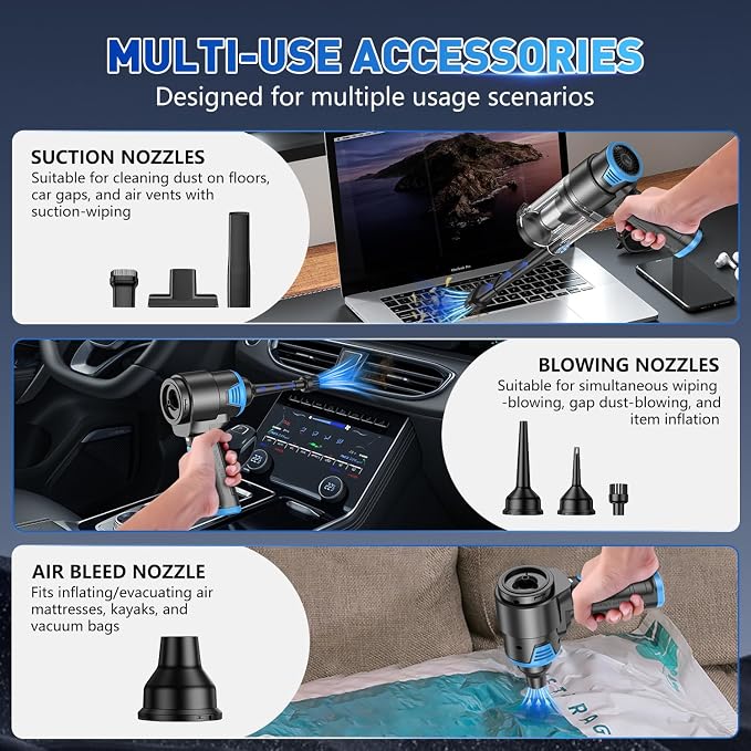 KMM Handheld Car Vacuum Cleaner, 16000PA Air Duster & Vacuum Cleaner, 120W High Power Hand Held Vacuum Cordless, Portable Vacuum Rechargeable with Multi-Nozzles & LED Light for Car, Home, Pet, Office