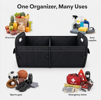 Car Organizer Caddy Oxford Quilted Trunk Organizer, Waterproof Storage Tote with Handles for Front Seat, Backseat, SUV, Truck, Van, Black