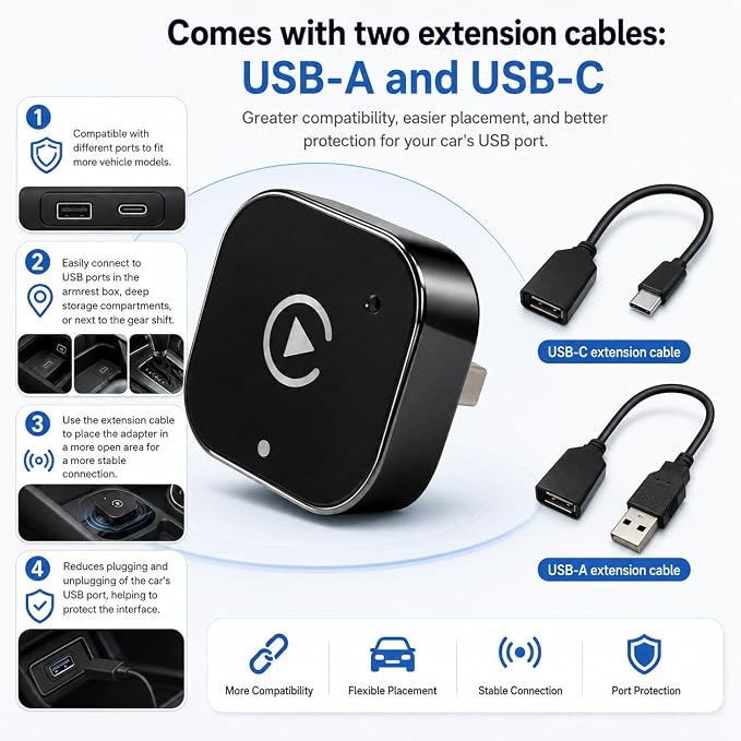 ZYAN Wireless CarPlay & Android Auto Adapter with Extension Cable USB-A and USB-C