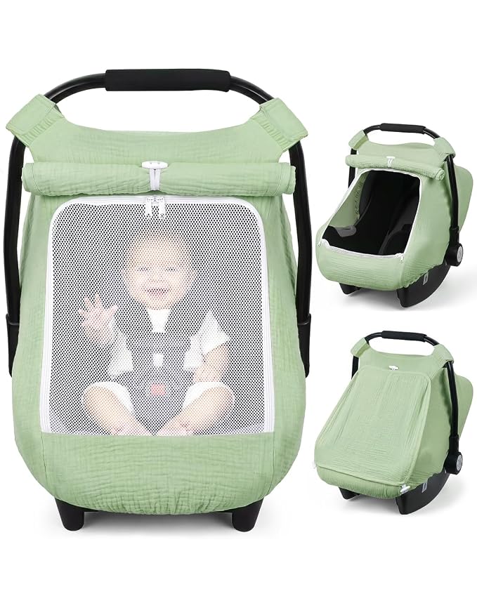 Rquite Car Seat Cover Baby Girl Boy, 100% Muslin Cotton Carseat Covers, Breathable Infant Windproof Canopy with Mesh Window, Stroller Sun Shade for Summer & Hot Day, Sage Green