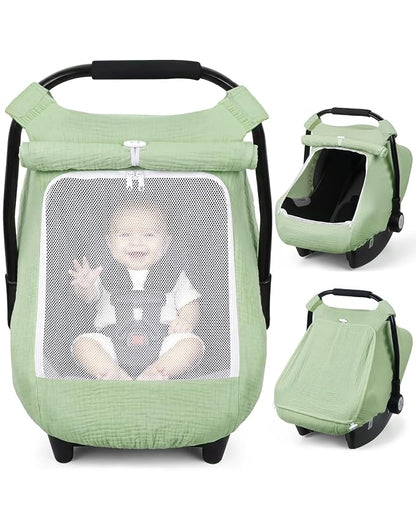 Rquite Car Seat Cover Baby Girl Boy, 100% Muslin Cotton Carseat Covers, Breathable Infant Windproof Canopy with Mesh Window, Stroller Sun Shade for Summer & Hot Day, Sage Green
