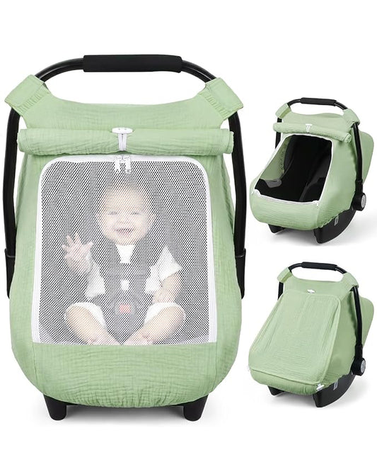 Rquite Car Seat Cover Baby Girl Boy, 100% Muslin Cotton Carseat Covers, Breathable Infant Windproof Canopy with Mesh Window, Stroller Sun Shade for Summer & Hot Day, Sage Green