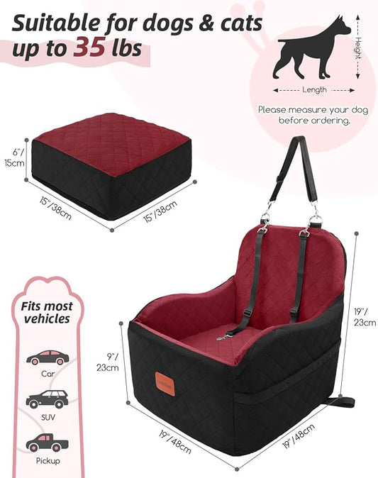 Lealchum Dog Booster Car Seat for Small/Medium Dogs,Puppy Portable Car Bed with Elevated Cushion,Fully Detachable and Washable,2 Storage Pockets,Easy to Install (Blakc/Red, Medium)