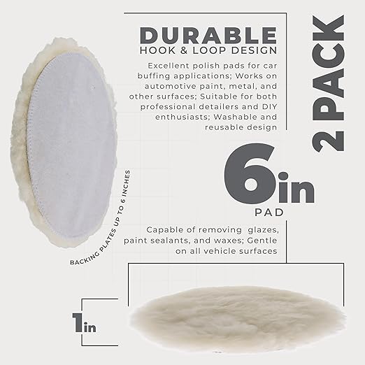 TCP Global Premium 6 Inch Wool Buffing Pads (2 Pack) - 100% Natural Wool Buffer Pads, Polishing Pad for Car Detailing - 1 Inch Thick Pile, Hook and Loop Buffing Pad for Orbital Buffer