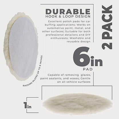 TCP Global Premium 6 Inch Wool Buffing Pads (2 Pack) - 100% Natural Wool Buffer Pads, Polishing Pad for Car Detailing - 1 Inch Thick Pile, Hook and Loop Buffing Pad for Orbital Buffer