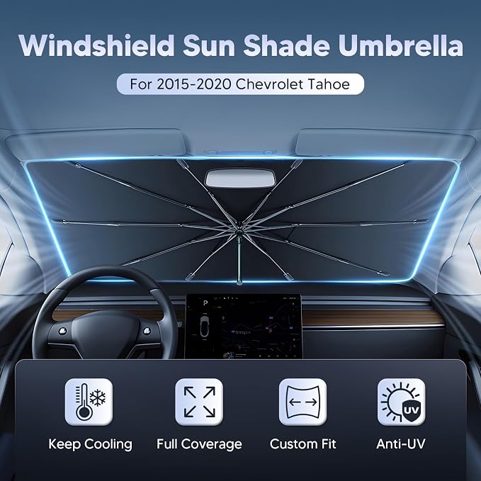 Autorder Windshield Sun Shade Umbrella for 2015-2025 2026 Chevrolet Chevy Tahoe/GMC Yukon Accessories,Upgraded Ice Crystal Material,Easy Setup Umbrella Sunshade for Car Windshield,100% Sun Blocking