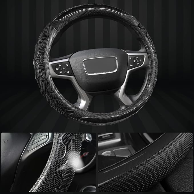 GIANT PANDA Steering Wheel Cover for GMC Sierra Acadia Terrain Yukon(3D Honeycomb-Black-Standard Size)