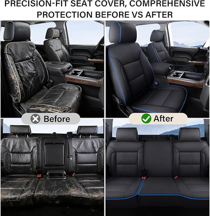 Coverado Chevy Silverado Seat Covers Full Set, Faux Leather Car Seat Covers Fit for 2014-2018 1500, 2015-2019 2500HD 3500HD Chevy Silverado GMC Sierra Crew Double Extended Cab(Blueline)