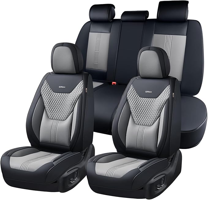 Coverado Car Seat Covers Full Set, Front Seat Covers with Lumbar Support and Back Seat Cover Waterproof Leather Automotive Seat Cover, Universal Car Interior Protectors Cushion for Most Cars