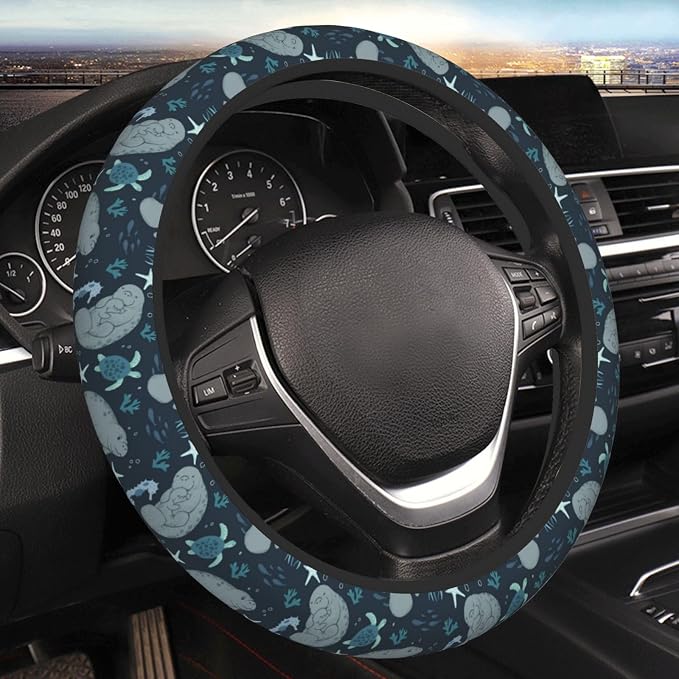 Manatees Steering Wheel Cover Anti-Slip,Sweat Absorption Universal 15 inch Steering Wheel Covers Cute car Accessories for Men Women