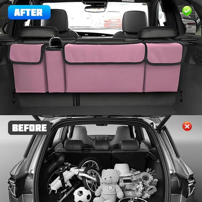 Car Trunk Organizer with Lid, Large Waterproof Vehicle Backseat Hanging Storage Bag with 4 Pockets & Adjustable Straps, Collapsible Automotive Interior Cargo Bag, Universal Fit (Pink)