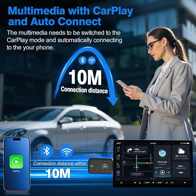 CarPlay Adapter, Convert Wired to Upgrade USB Wireless CarPlay Adapter for Wireless Control Plug and Play Compatible with Cars from 2016 and Apple iPhone iOS 10+,Black