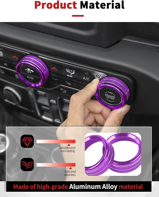 JWWY JL AC Air Vent Trim Rings & Dashboard Headlight Switch Decor Switch Knob Cover Kit Fit for 2018-2023 Jeep Wrangler JL JLU Interior Accessories, Aluminum Alloy 8PCS Purple