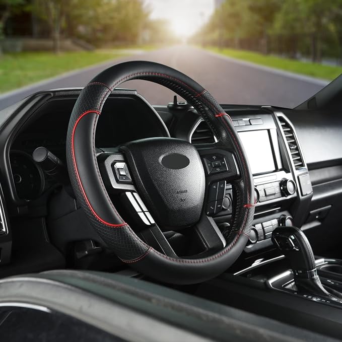 GIANT PANDA Steering Wheel Cover for Ford F150 F250 F350 Expedition - Black+Red Trim