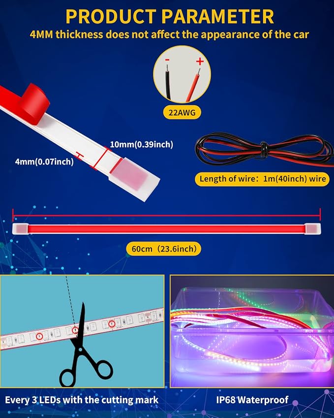 Blue Led Strip Lights,24inch 12V Car LED Strip Light IP68 Waterproof Cuttable for Car Motorcycles Boat Golf Cart Truck Cargo Home Decoration with Strong Nano Tape,(4PCS)