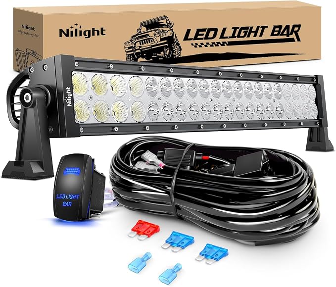 Nilight 22Inch 120W Spot Flood Combo Led Light Bar Off Road Driving Lights Boat Lights Fog Light 12V On/Off 5 Pin Rocker Switch Power 16AWG Wiring Harness Kit-1 Lead for Trucks,2 Years Warranty
