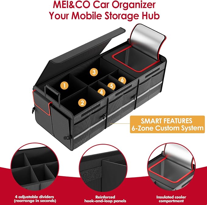 MEI&CO Car Trunk Organizer - 2.5mm PP Board Built, 35L Leakproof Cooler, 105L Capacity, 2 Tie-Down Straps, 4 Adjustable Dividers, Foldable Design for SUVs, Trucks, and Cars