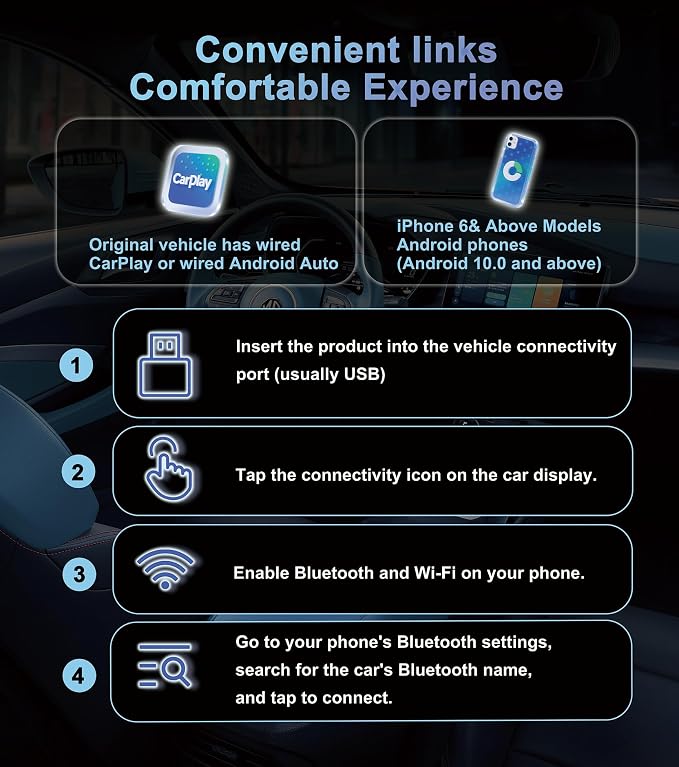 CarPlay Wireless Adapter, Compatible with CarPlay+Android Auto, Plug-and-Play, Mini Wireless CarPlay Adapter,Compatible with Apple iOS 10+ and Wired CarPlay Vehicles Manufactured After 2016.