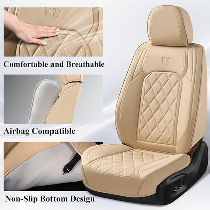 Coverado Car Seat Covers Full Set, Luxury Faux Leather Waterproof Seat Cover, 5 Seat Universal Seat Covers for Cars, Front and Back Car Seat Protector, Beige Leather Seat Cover Fit for Most Cars