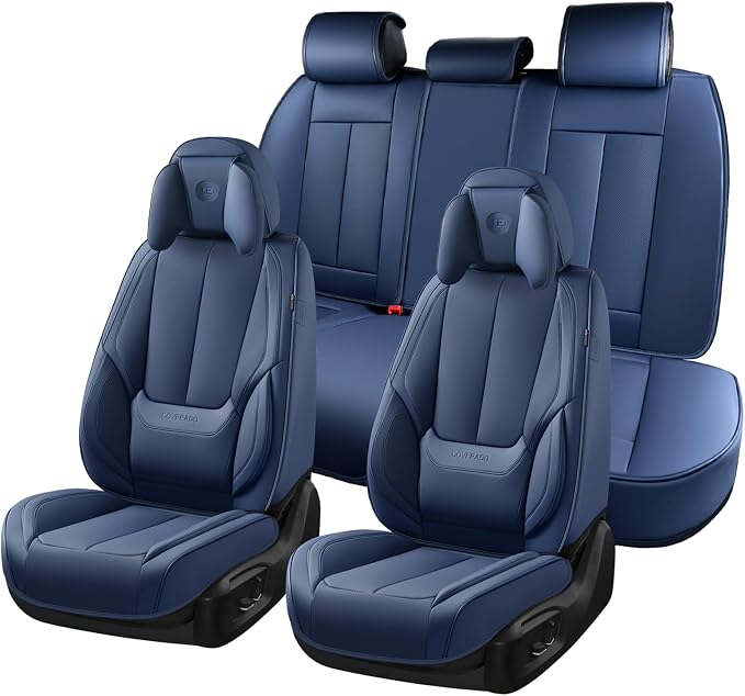 Coverado Seat Covers Full Set, 5 Seats Seat Covers for Cars, Waterproof Nappa Leather Car Seat Covers with Head Pillow, Seat Protectors Car Seat Cushion Universal Fit for Most Cars (Blue)