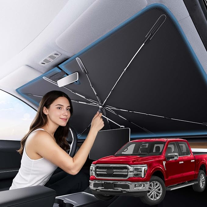Zanch 2026 Upgraded Car Windshield Sun Shade [Cool Down by 75℉ ] with Heat Insulation Coating, Foldable Sunshade Umbrella with Flexible Handle & Ribs, Large (34''x61'') for Large SUV, Truck, Van