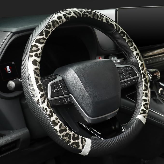 KAFEEK Black Leopard Steering Wheel Cover, 15 inch Carbon Fiber Texture, Grey White Cheetah Pattern, Non-Slip Microfiber Leather, Universal Fit for SUV Sedan