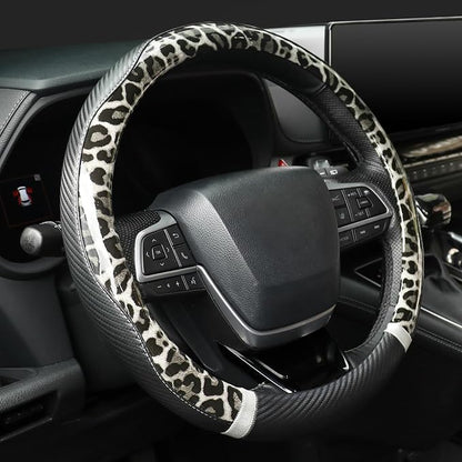 KAFEEK Black Leopard Steering Wheel Cover, 15 inch Carbon Fiber Texture, Grey White Cheetah Pattern, Non-Slip Microfiber Leather, Universal Fit for SUV Sedan