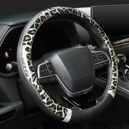 KAFEEK Black Leopard Steering Wheel Cover, 15 inch Carbon Fiber Texture, Grey White Cheetah Pattern, Non-Slip Microfiber Leather, Universal Fit for SUV Sedan
