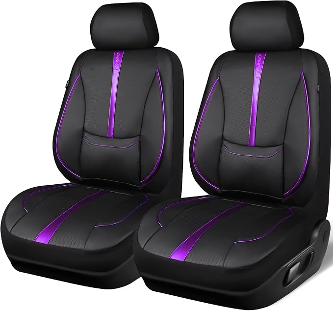 CAR PASS Nappa Leather Car Seat Covers, Water Resistant 3D Foam Faux Leather Seat Covers, Lumbar Support Automotive Seat Covers 2 Front Seats, Comfort & Universal Fit for Cars SUV Truck, Black Purple