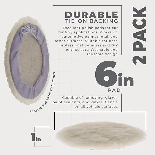 TCP Global Premium 6 Inch Wool Buffing Pads (2 Pack) - 100% Natural Wool Buffer Pads, Polishing Pad for Car Detailing - 1 Inch Thick Pile, Tie-On Bonnet Buffing Pad for Orbital Buffer