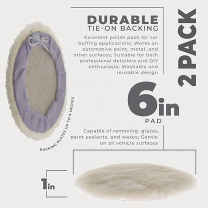 TCP Global Premium 6 Inch Wool Buffing Pads (2 Pack) - 100% Natural Wool Buffer Pads, Polishing Pad for Car Detailing - 1 Inch Thick Pile, Tie-On Bonnet Buffing Pad for Orbital Buffer