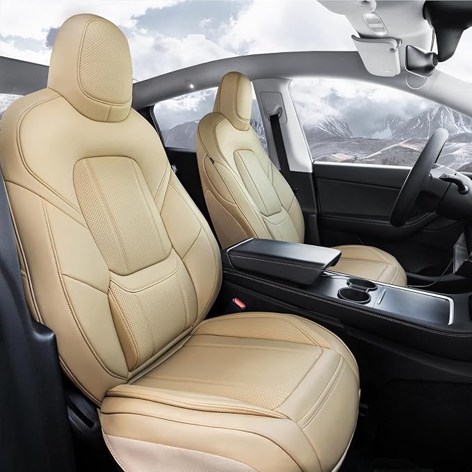 Coverland Custom SUV Car Seat Covers Front Seats for [2020-2025 Tesla Model Y] - Protector Car Seat Cover Water Resistant Leather Memory Form Back Support Seat Cushion [Front-Beige]